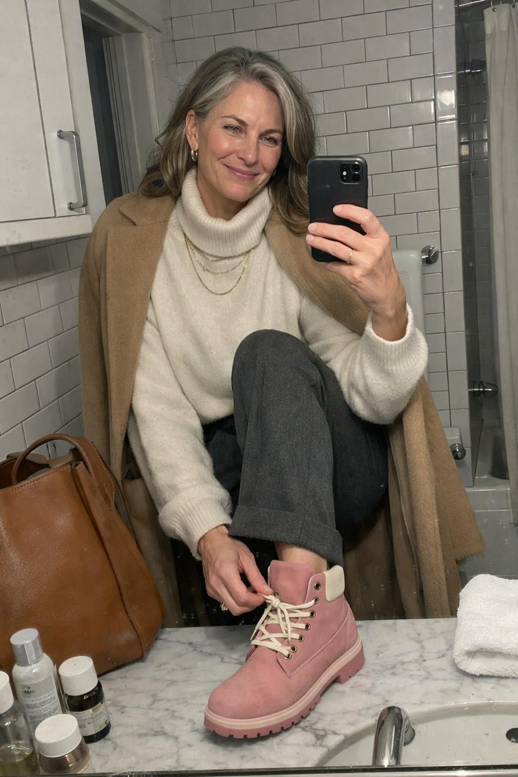Pink Timberland boots outfit mirror selfie with charcoal trousers