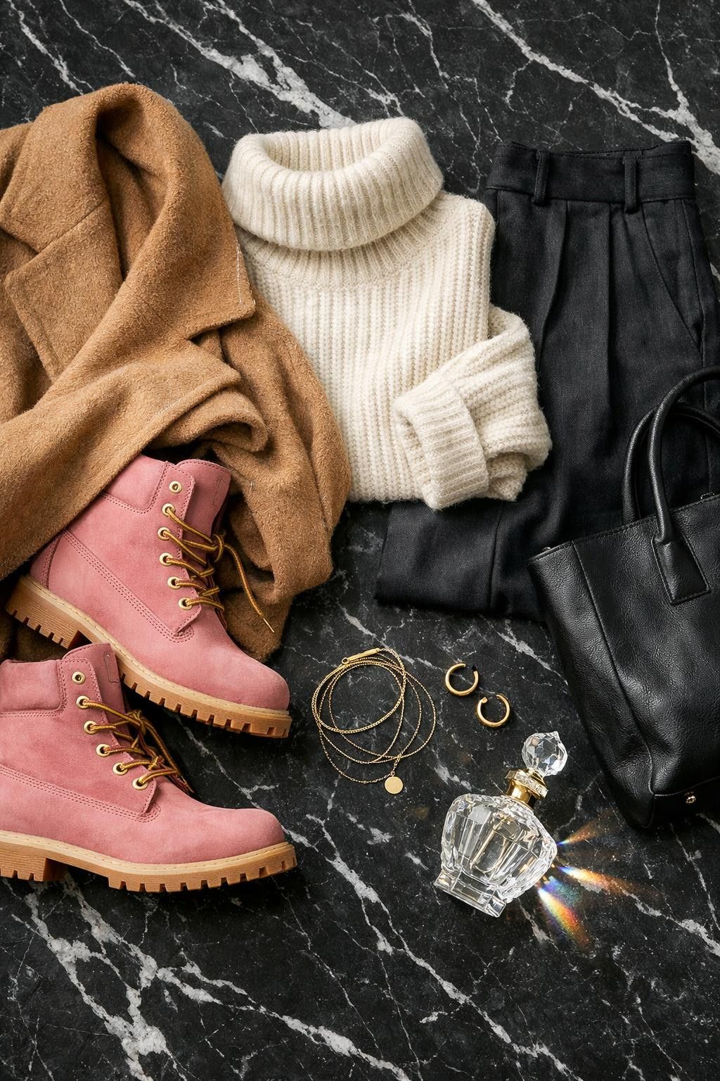 Pink Timberland boots outfit flat lay on black marble