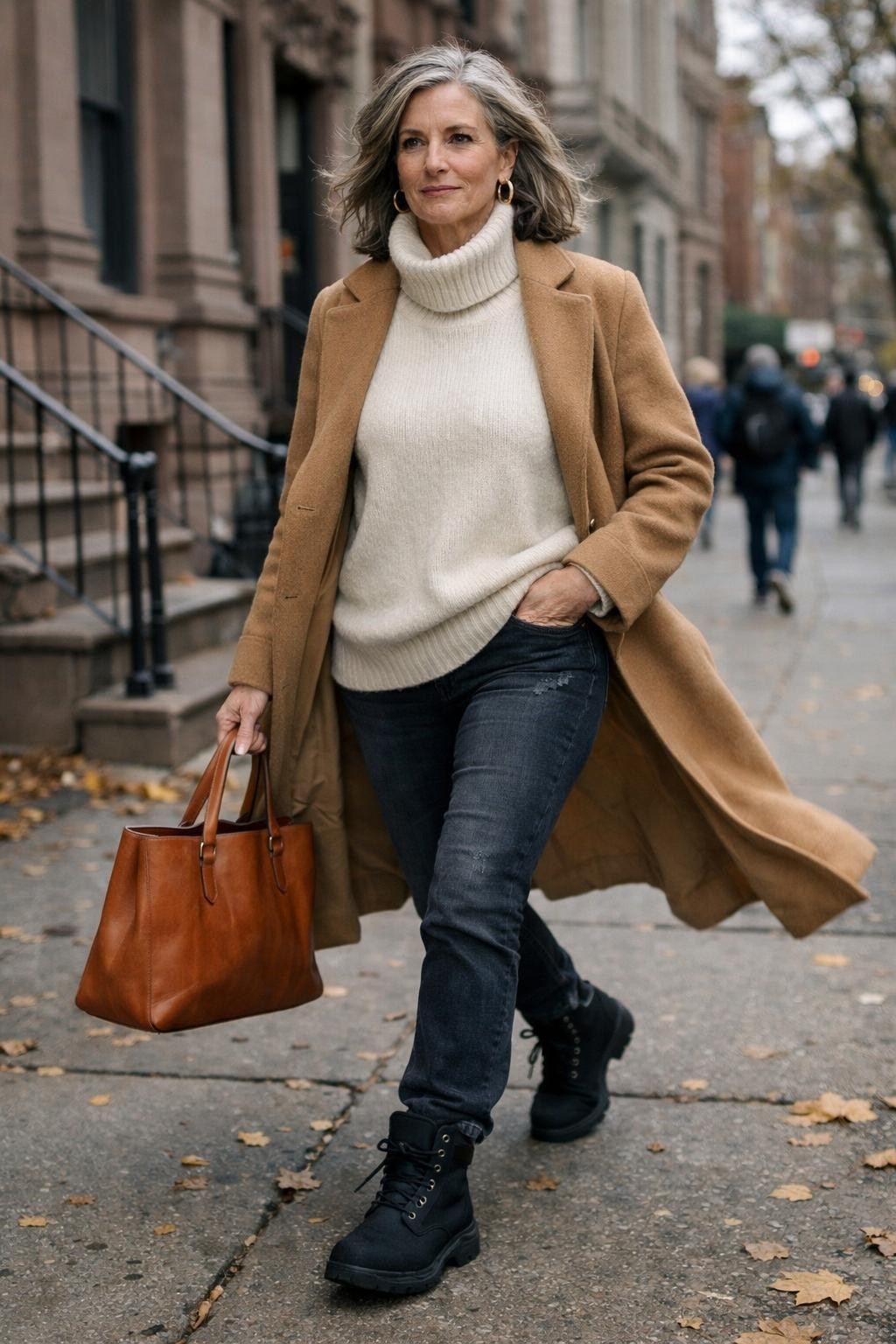 Black Timberland boots outfit with distressed jeans and camel coat