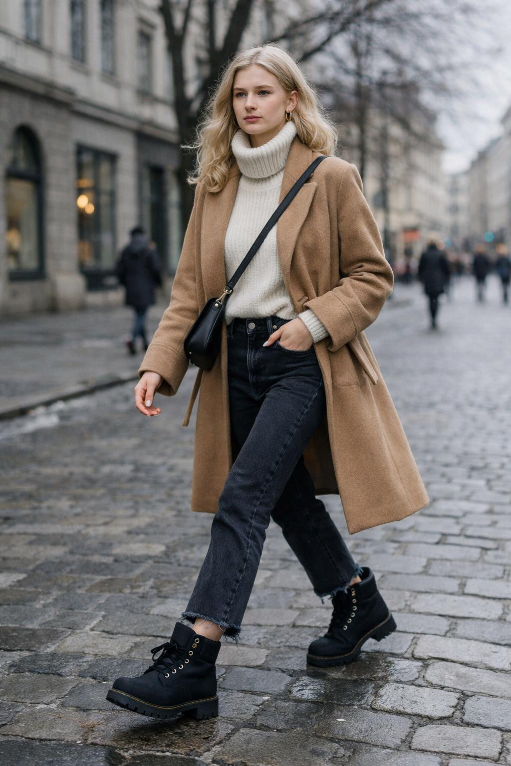 Black Timberland boots outfit with wide-leg jeans and belted coat