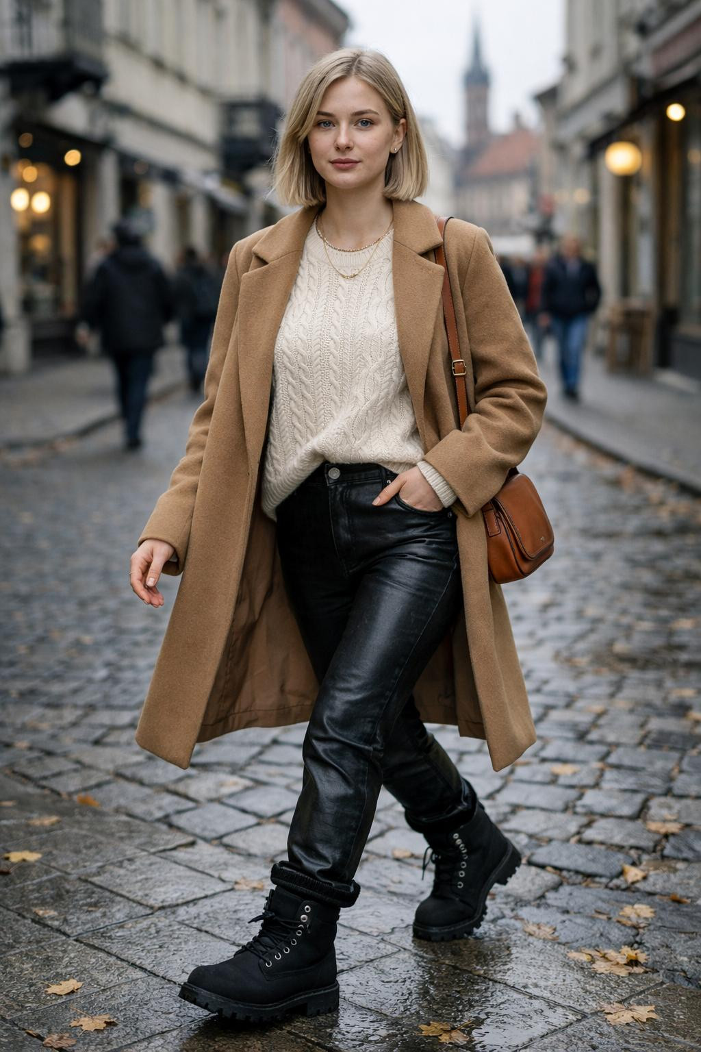 Black Timberland boots outfit with leather pants and camel trench