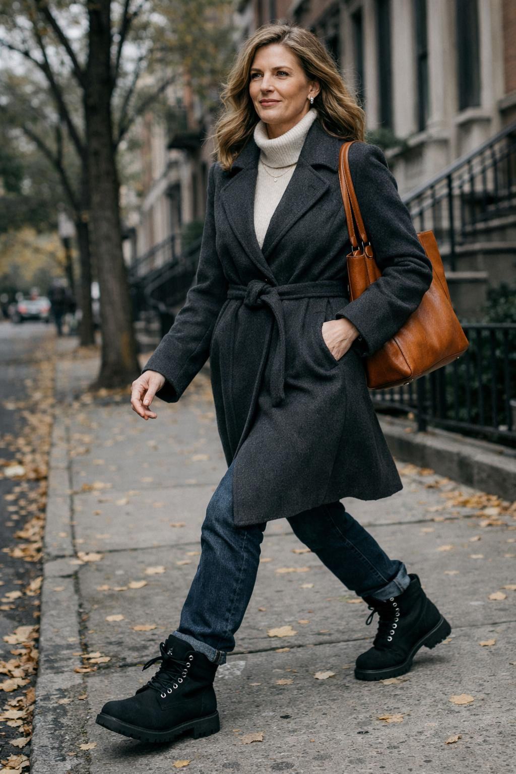 Black Timberland boots outfit with grey trench coat and jeans