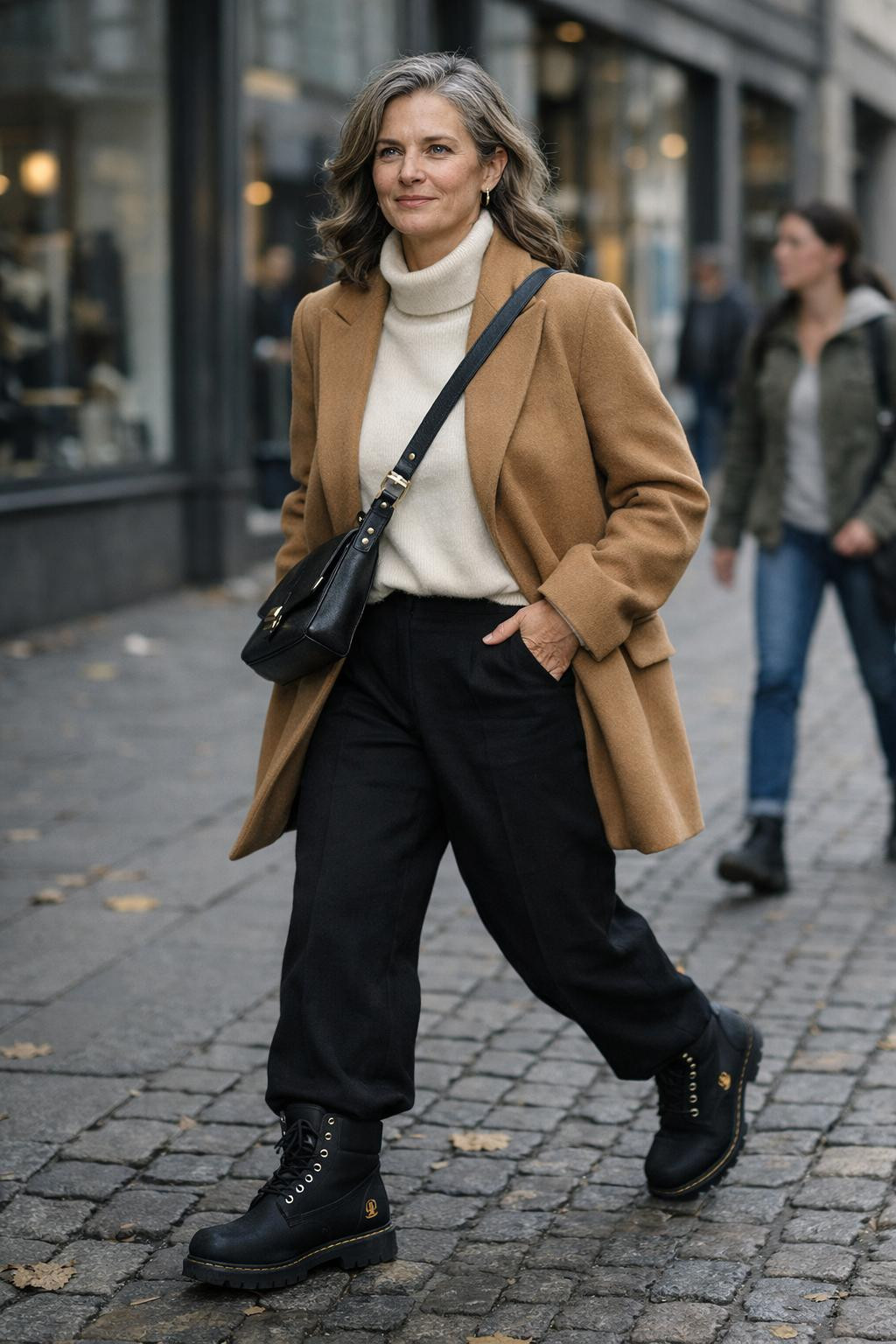 Black Timberland boots outfit with wide-leg trousers and camel coat