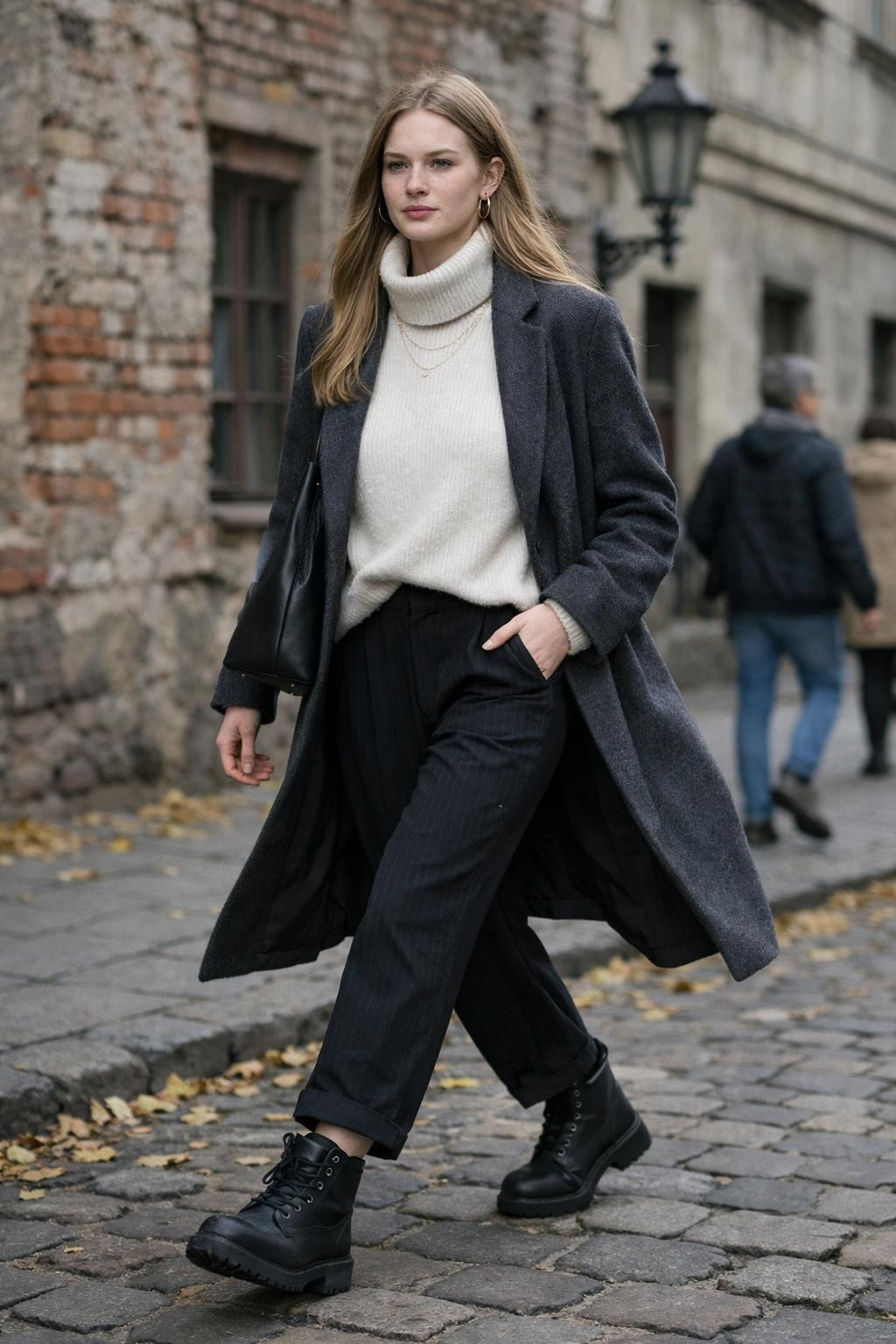 Black Timberland boots outfit with wide-leg trousers and grey coat