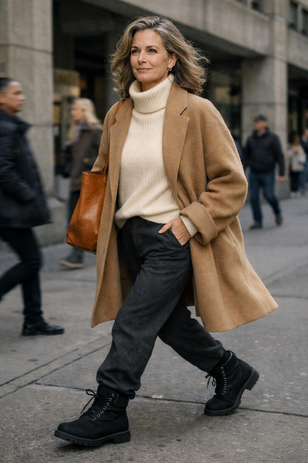 Black Timberland boots outfit with tailored trousers and camel coat