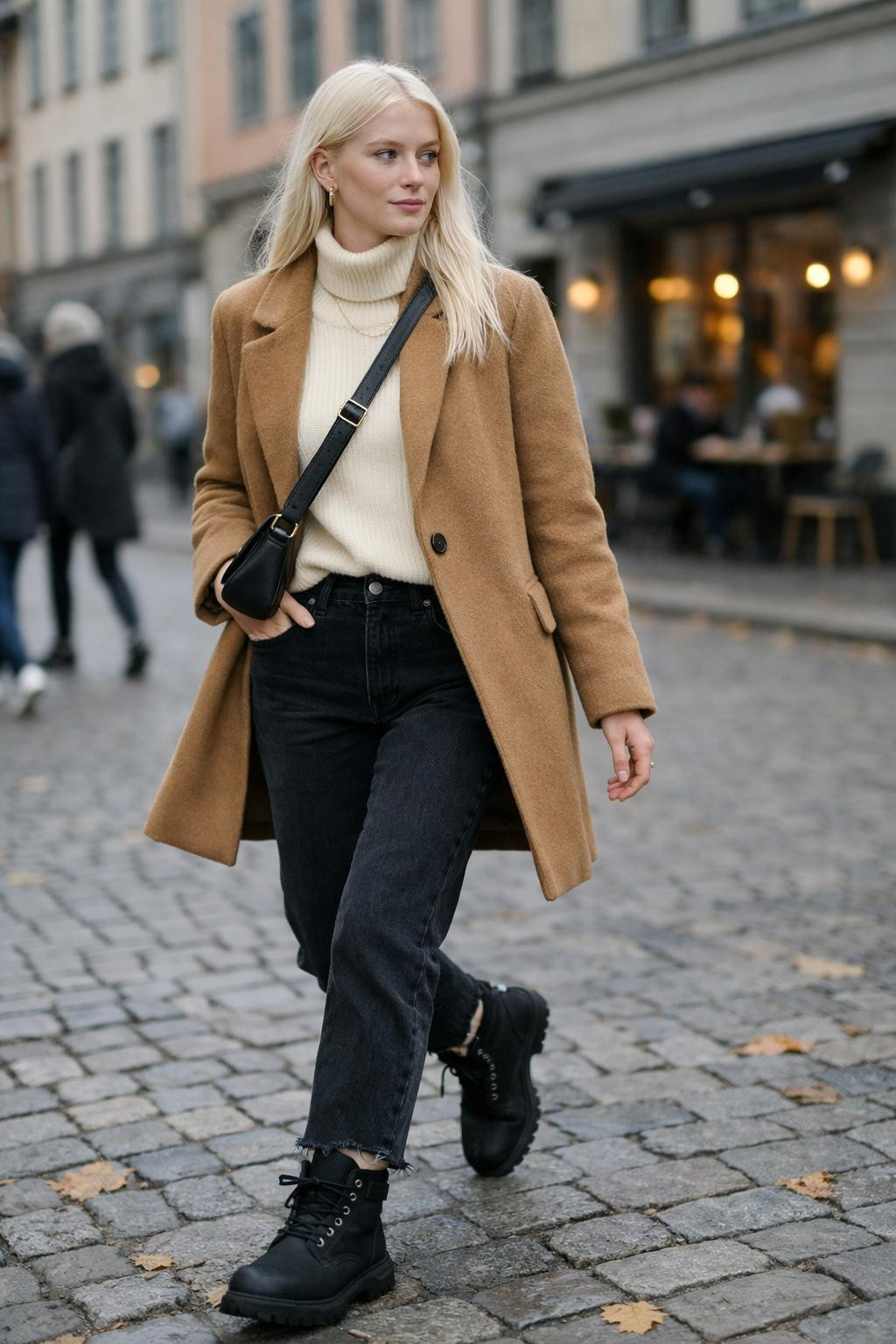 Black Timberland boots outfit with camel coat and black jeans