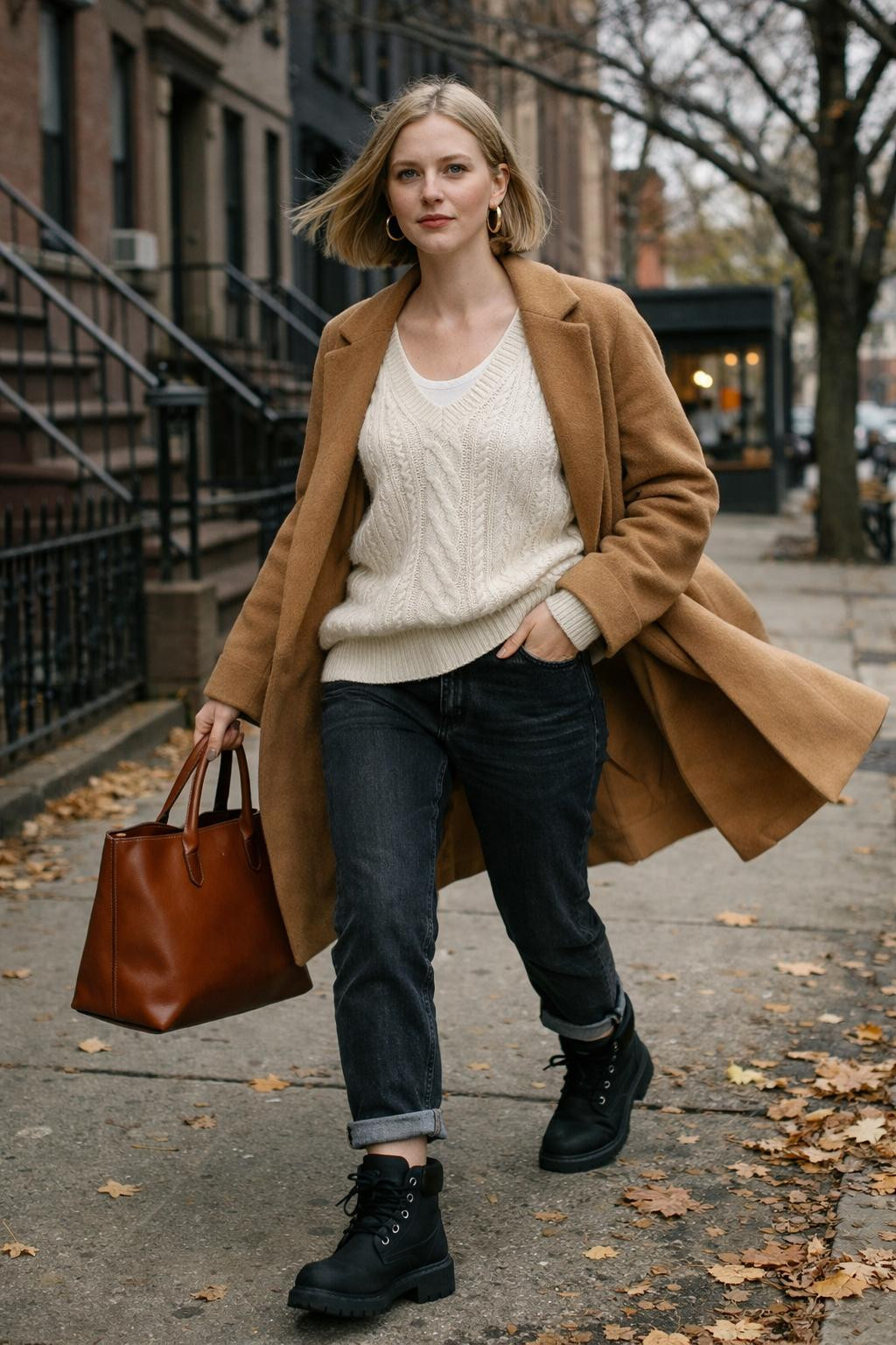 Black Timberland boots outfit with cable knit sweater and camel coat