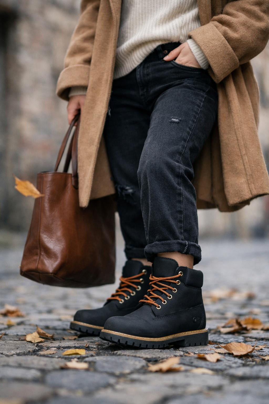 Black Timberland boots outfit detail with camel coat and jeans