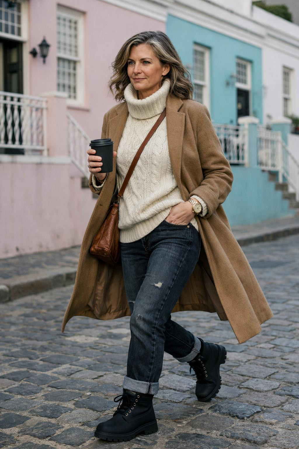 Black Timberland boots outfit with cable knit and camel coat