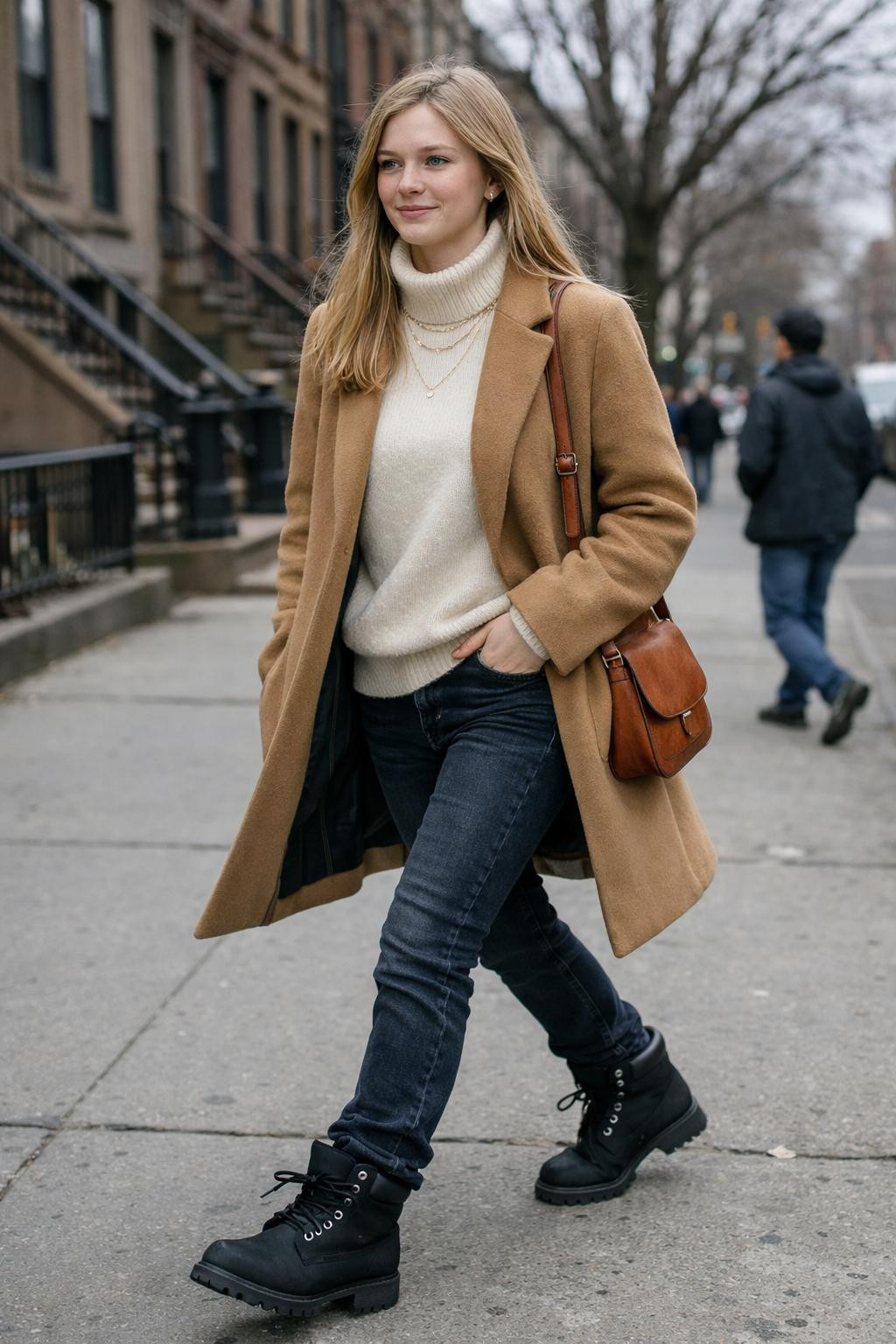 Black Timberland boots outfit with camel coat and cream sweater