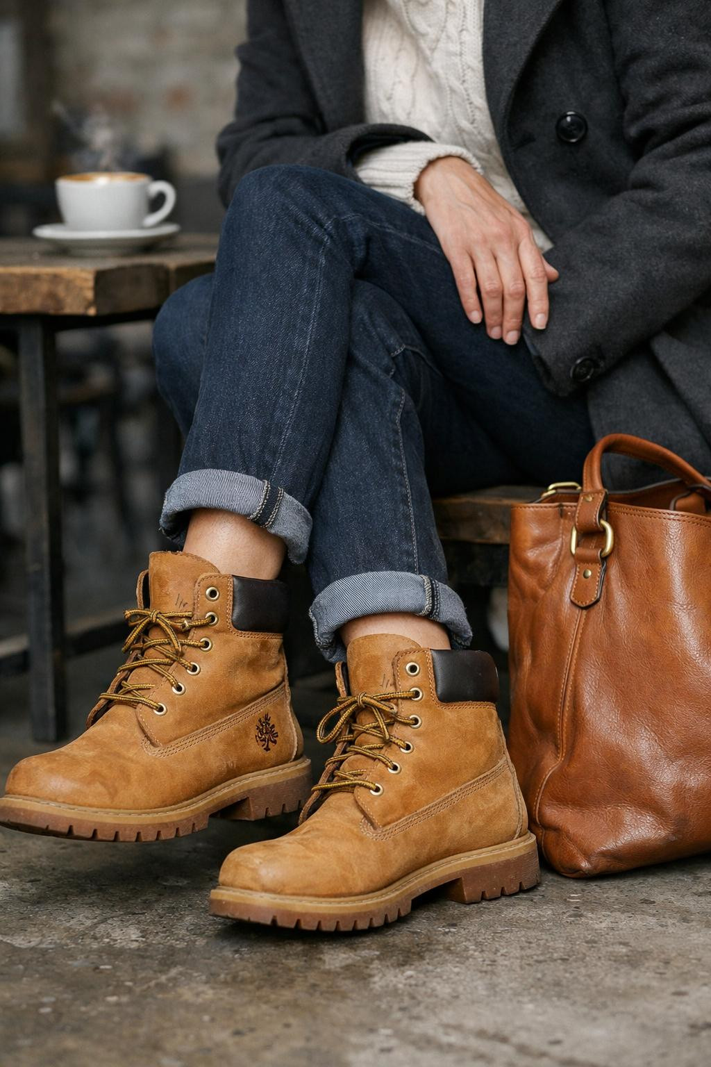 Black Timberland boots outfit with peacoat and cream sweater