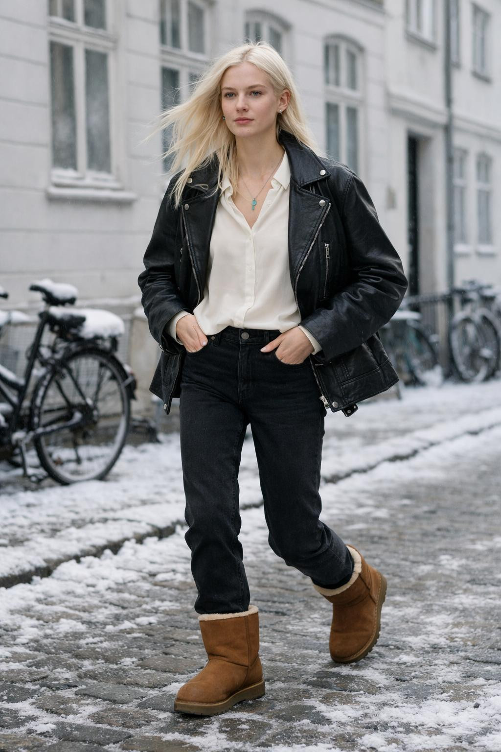 Outfits with Ugg boots worn in snowy winter weather with moto jacket
