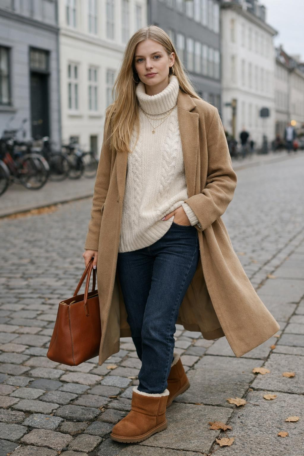 Outfits with Ugg boots styled with cream turtleneck and camel coat