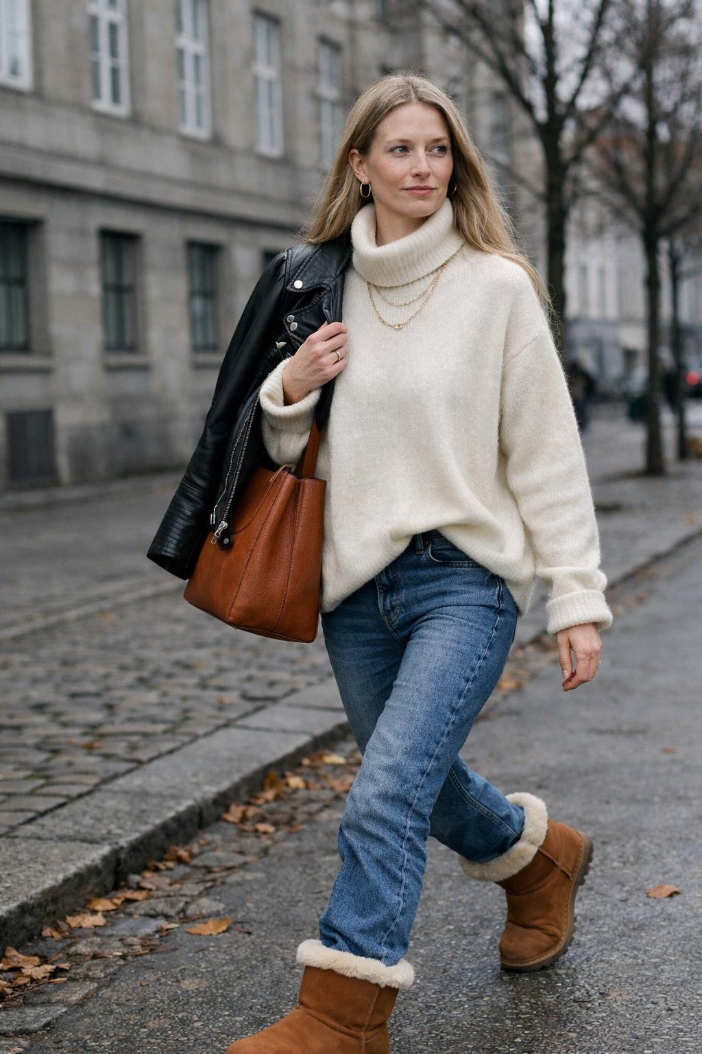 Outfits with Ugg boots featuring ivory turtleneck and black leather jacket