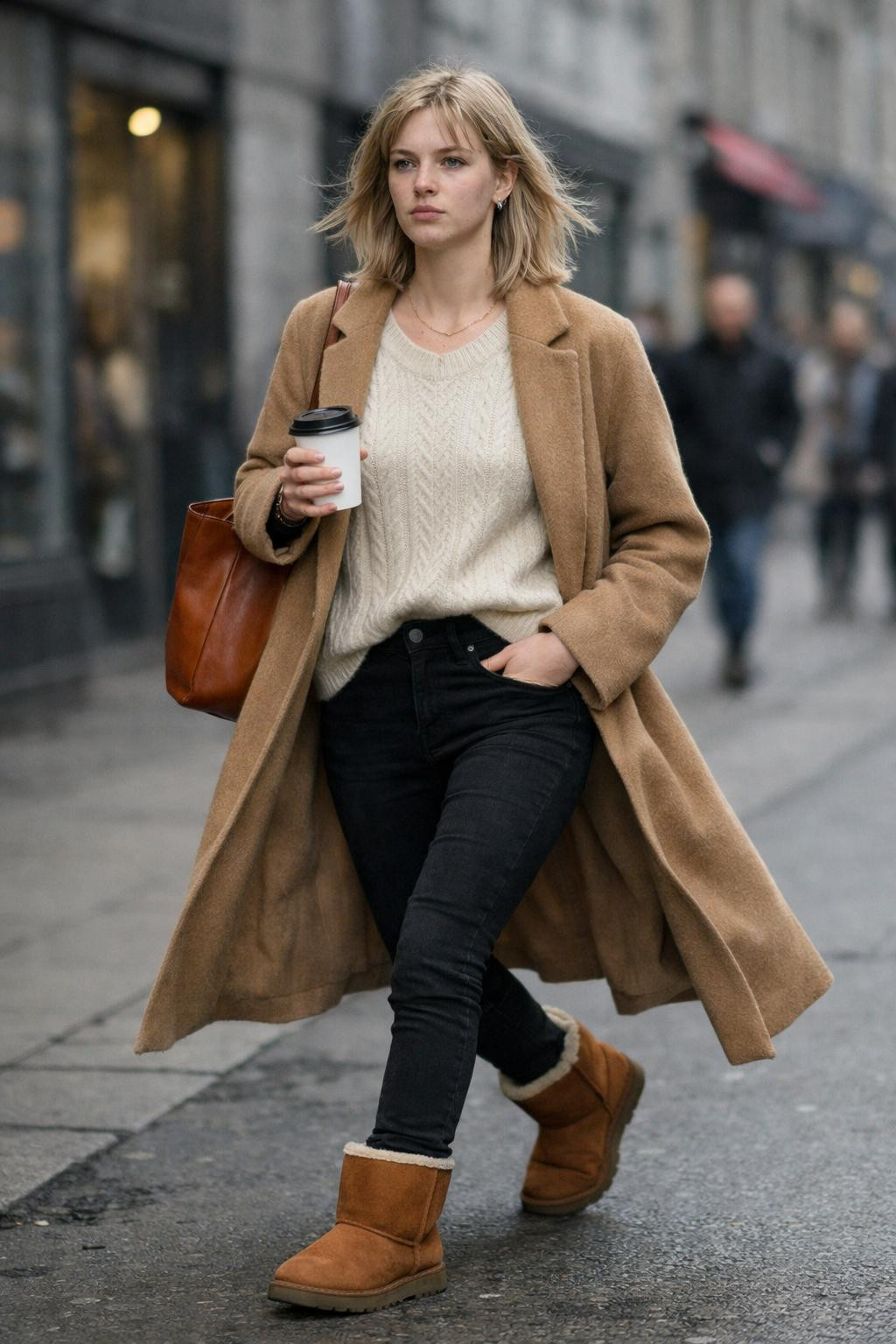 Outfits with Ugg boots styled for city walking with camel coat