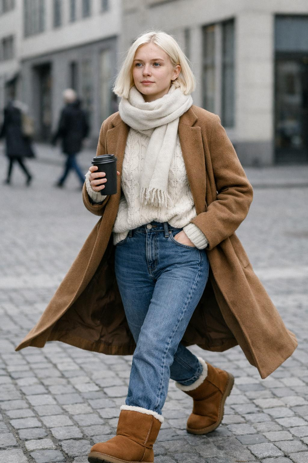 Outfits with Ugg boots featuring cream cable-knit and camel wool coat