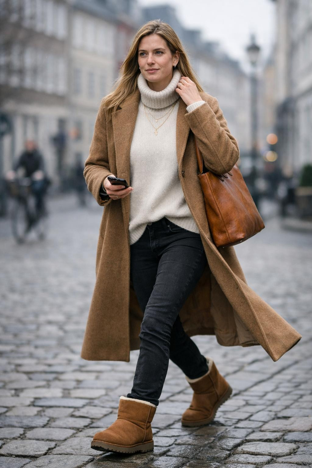 Outfits with Ugg boots styled with black jeans and oversized camel coat