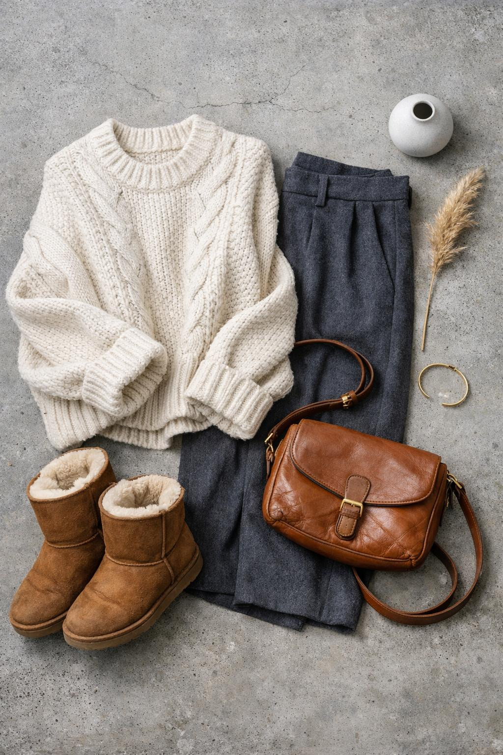 Outfits with Ugg boots arranged with cream sweater and grey wide-leg pants