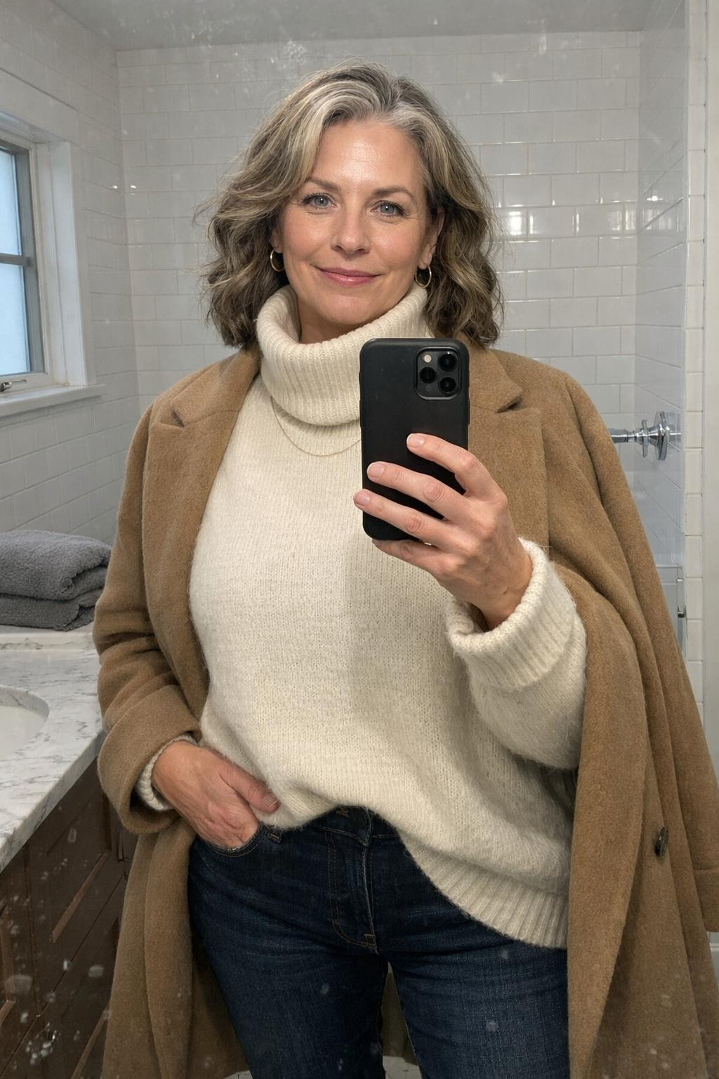 Outfits with Ugg boots featuring cream turtleneck and camel longline coat