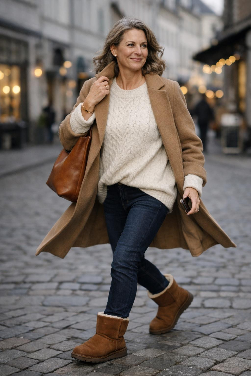 Outfits with Ugg boots styled for European street style with camel coat
