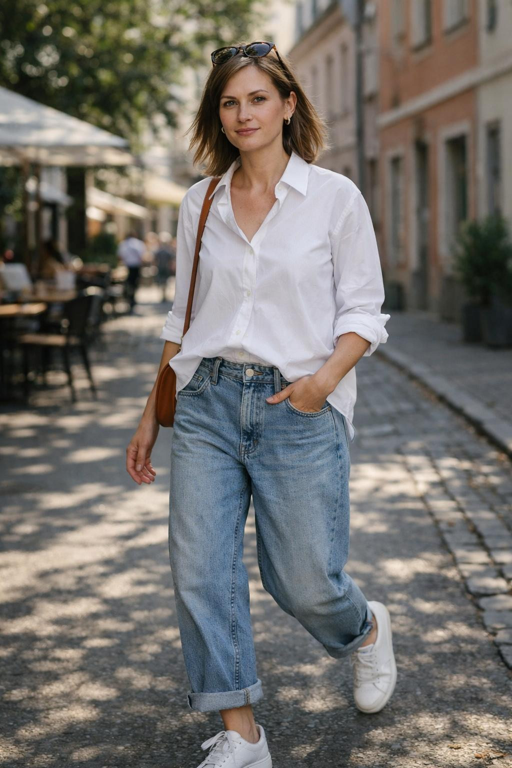 Baggy jeans outfit walking through European street with cognac bag