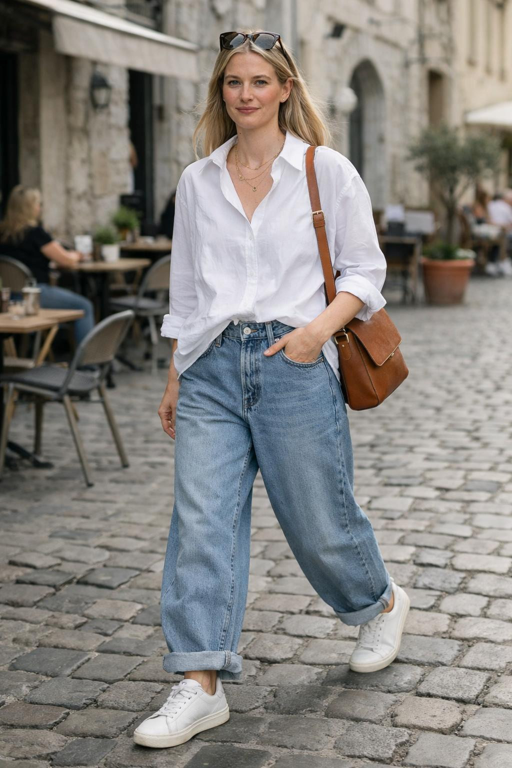 Baggy jeans outfit walking through European town with crossbody bag