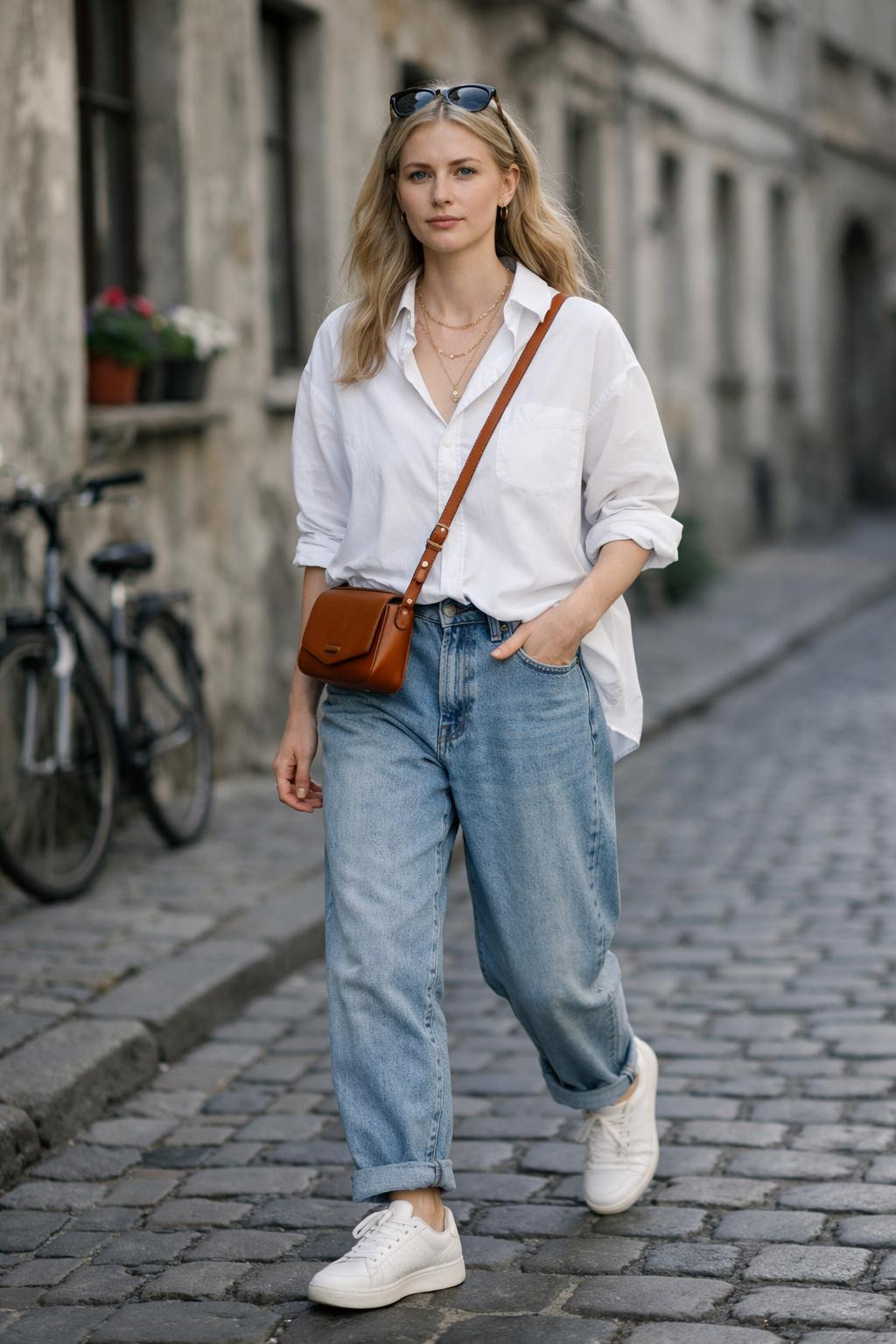 Baggy jeans outfit walking through old town with cognac accessories