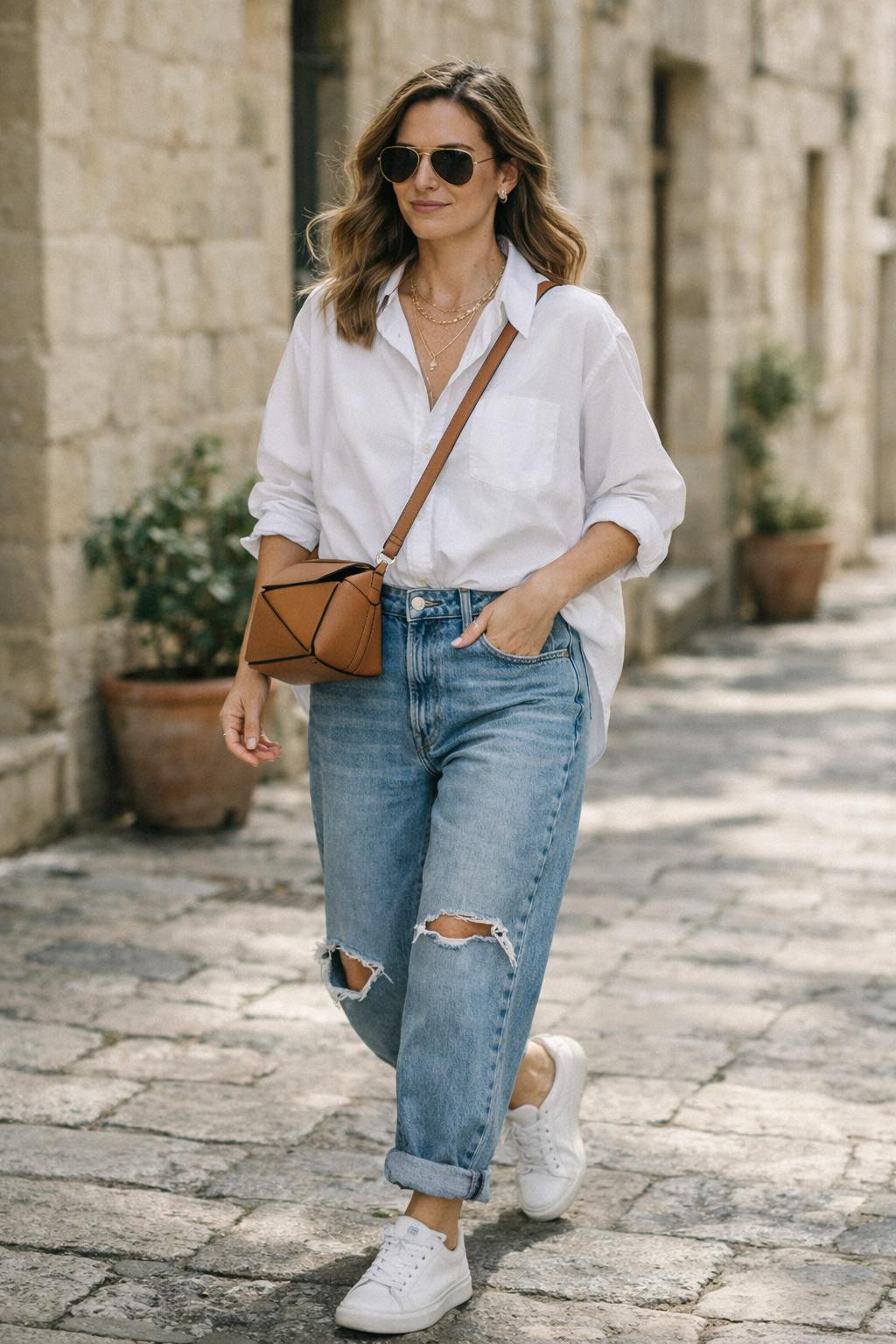 Baggy jeans outfit walking through European street with white button-down