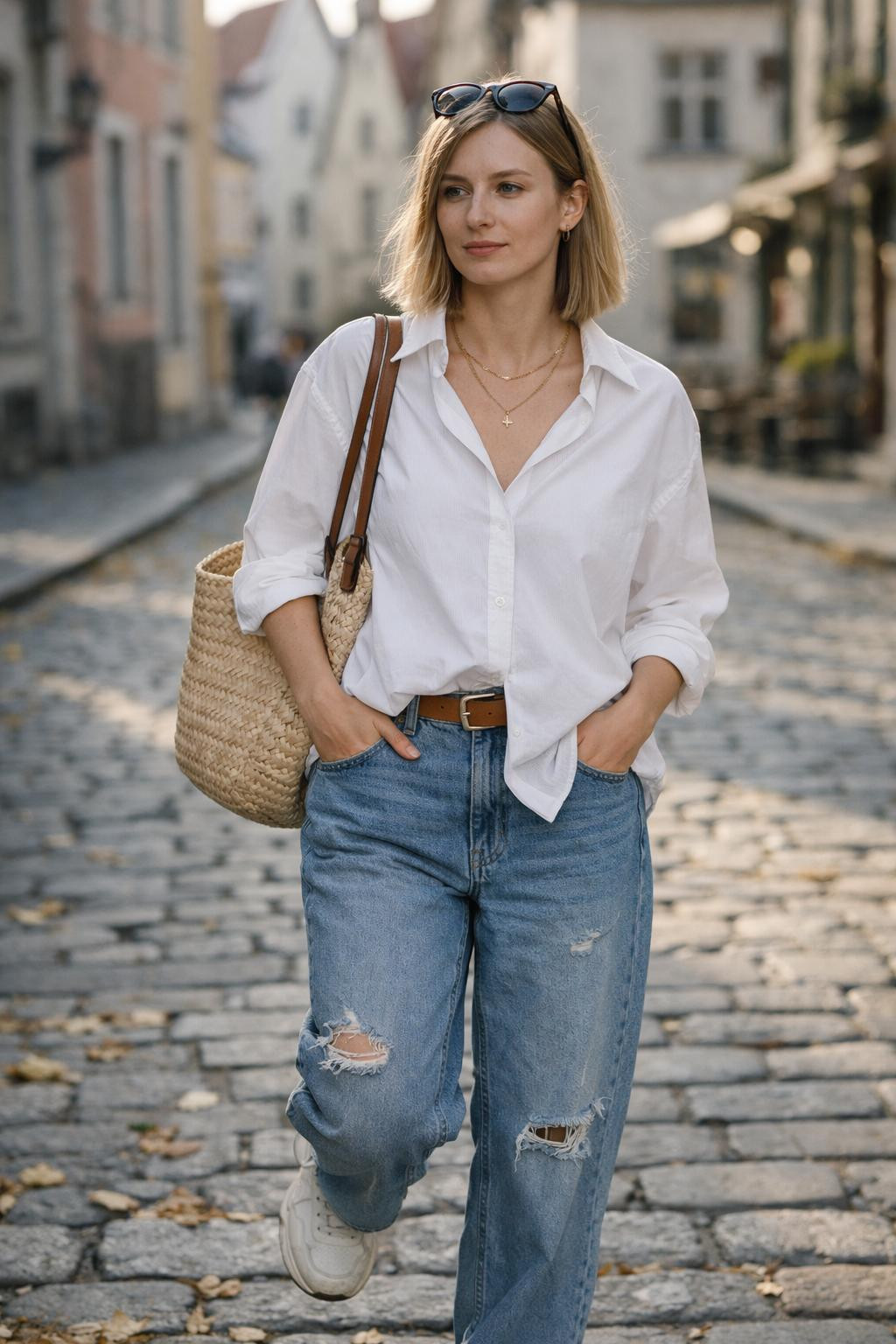 Baggy jeans outfit with white oversized button-down and vintage wash denim