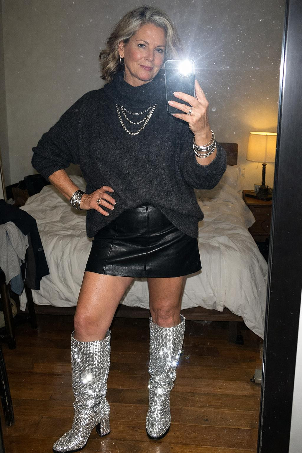Sparkly boots outfit with rhinestone knee-high boots and mini skirt