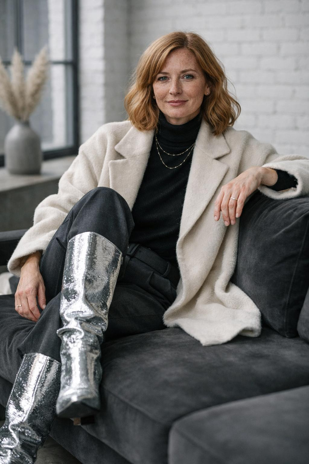 Sparkly boots outfit with silver metallic knee-high boots in Scandinavian setting
