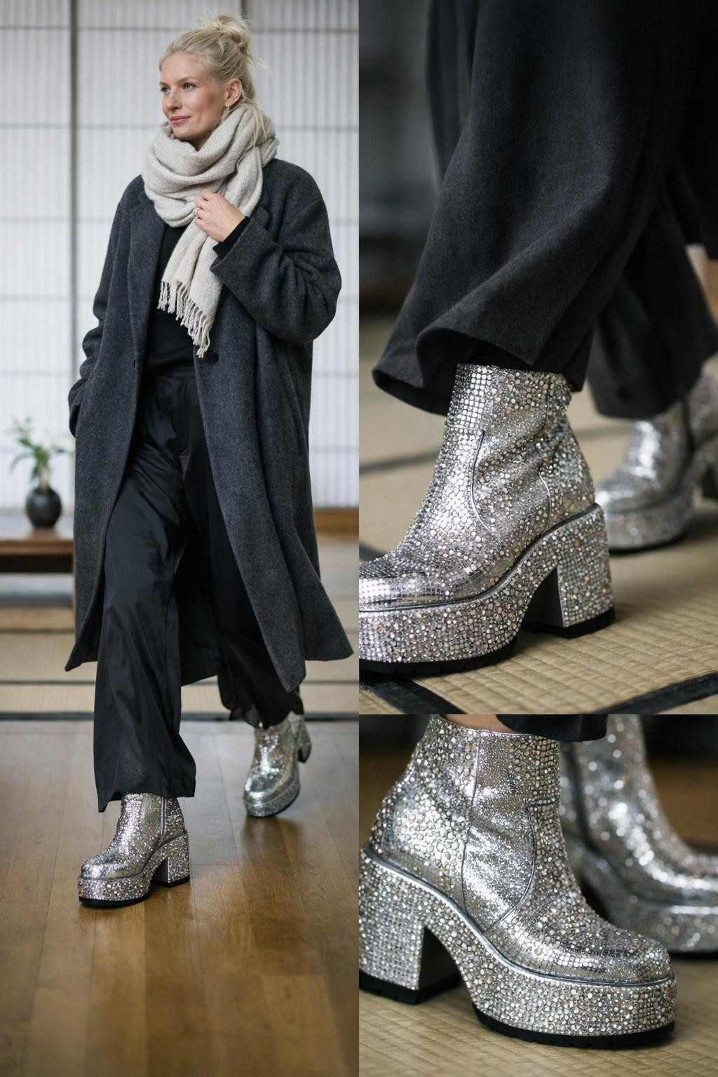 Sparkly boots outfit with crystal platform ankle boots and oversized coat