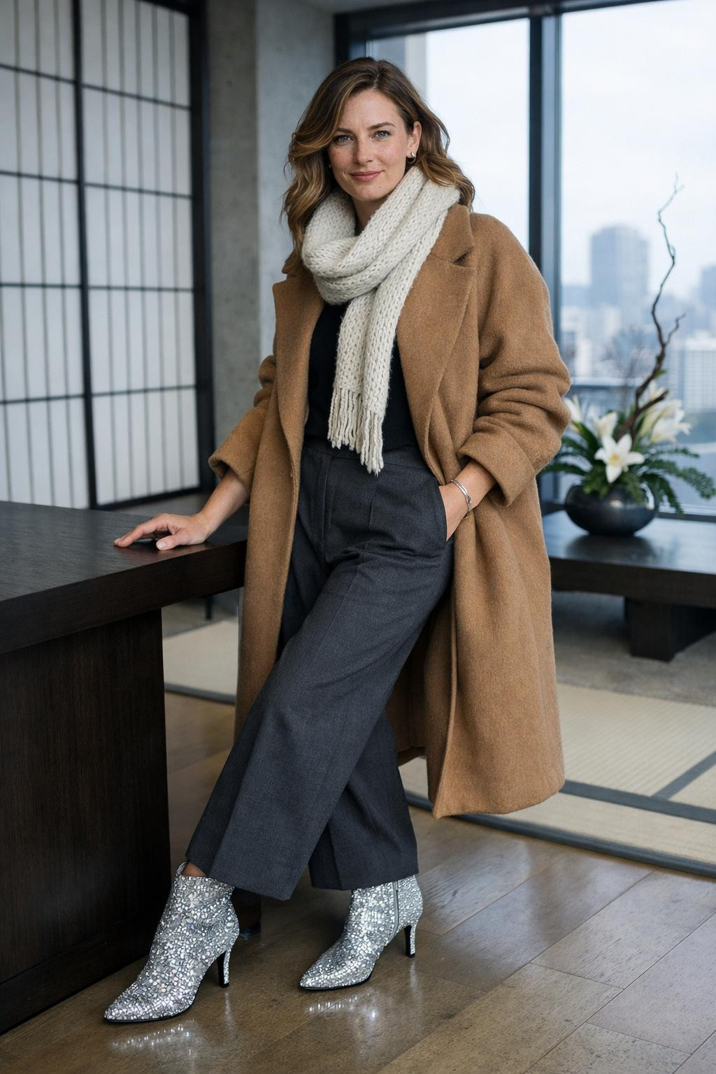 Sparkly boots outfit with rhinestone ankle boots in modern apartment