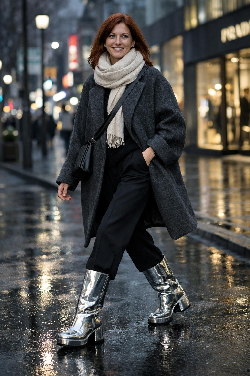 Sparkly boots outfit with silver metallic platform boots and oversized coat