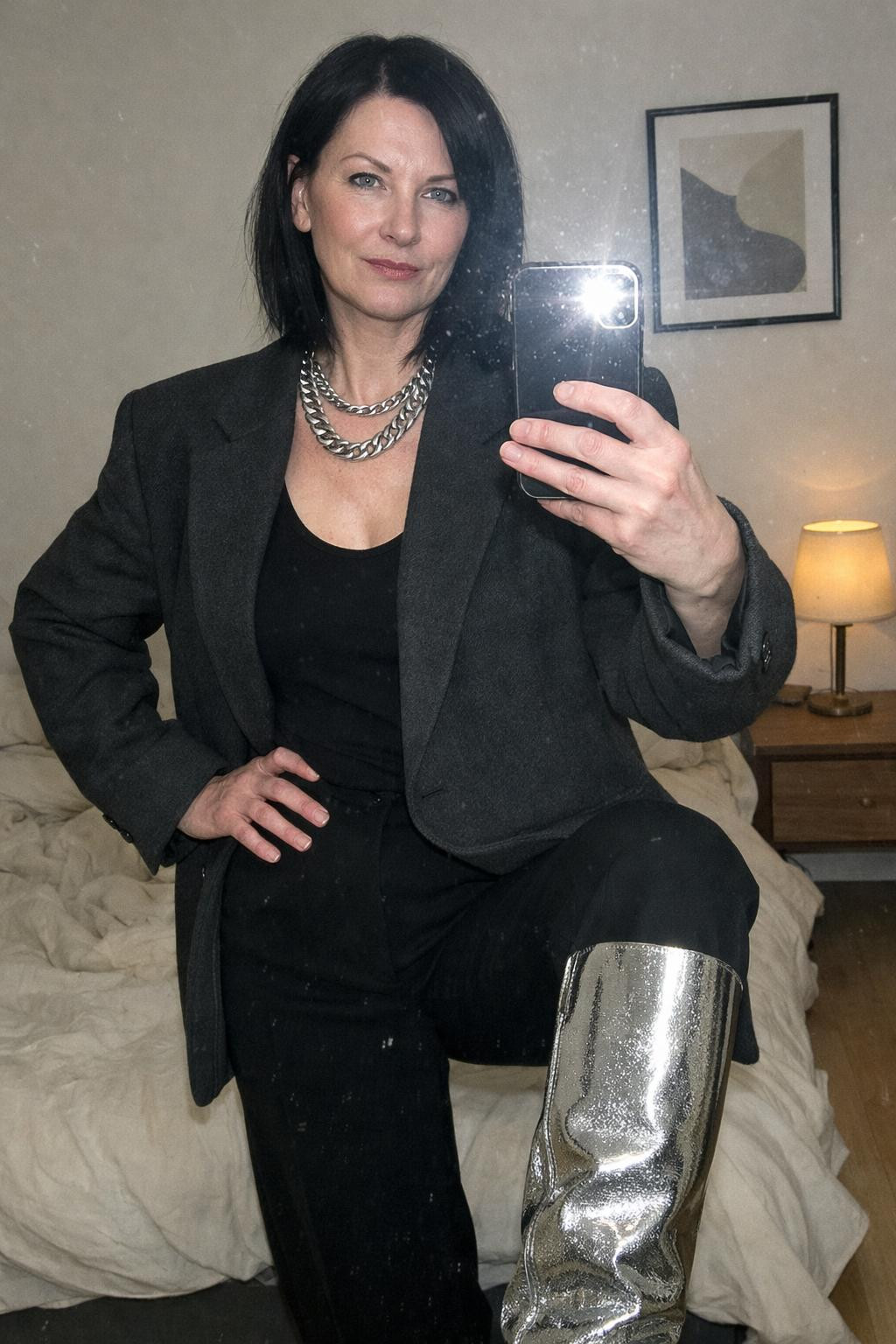 Sparkly boots outfit with silver metallic boots and blazer