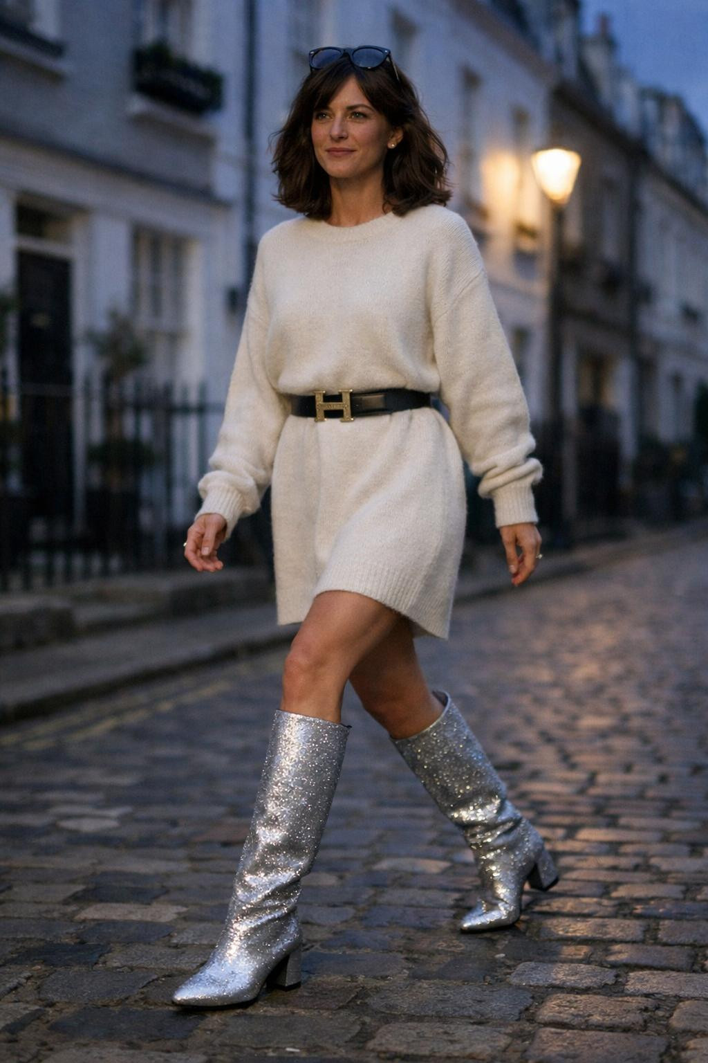 Sparkly boots outfit with rhinestone silver boots for walking