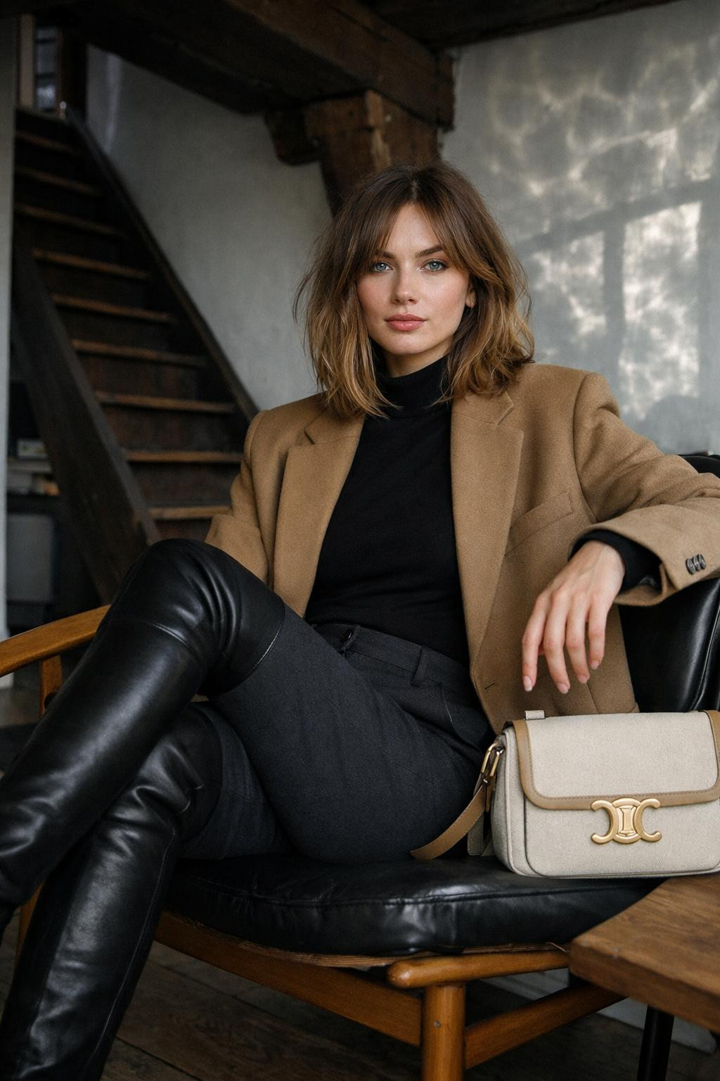 Long black boots outfit in Amsterdam bohemian interior