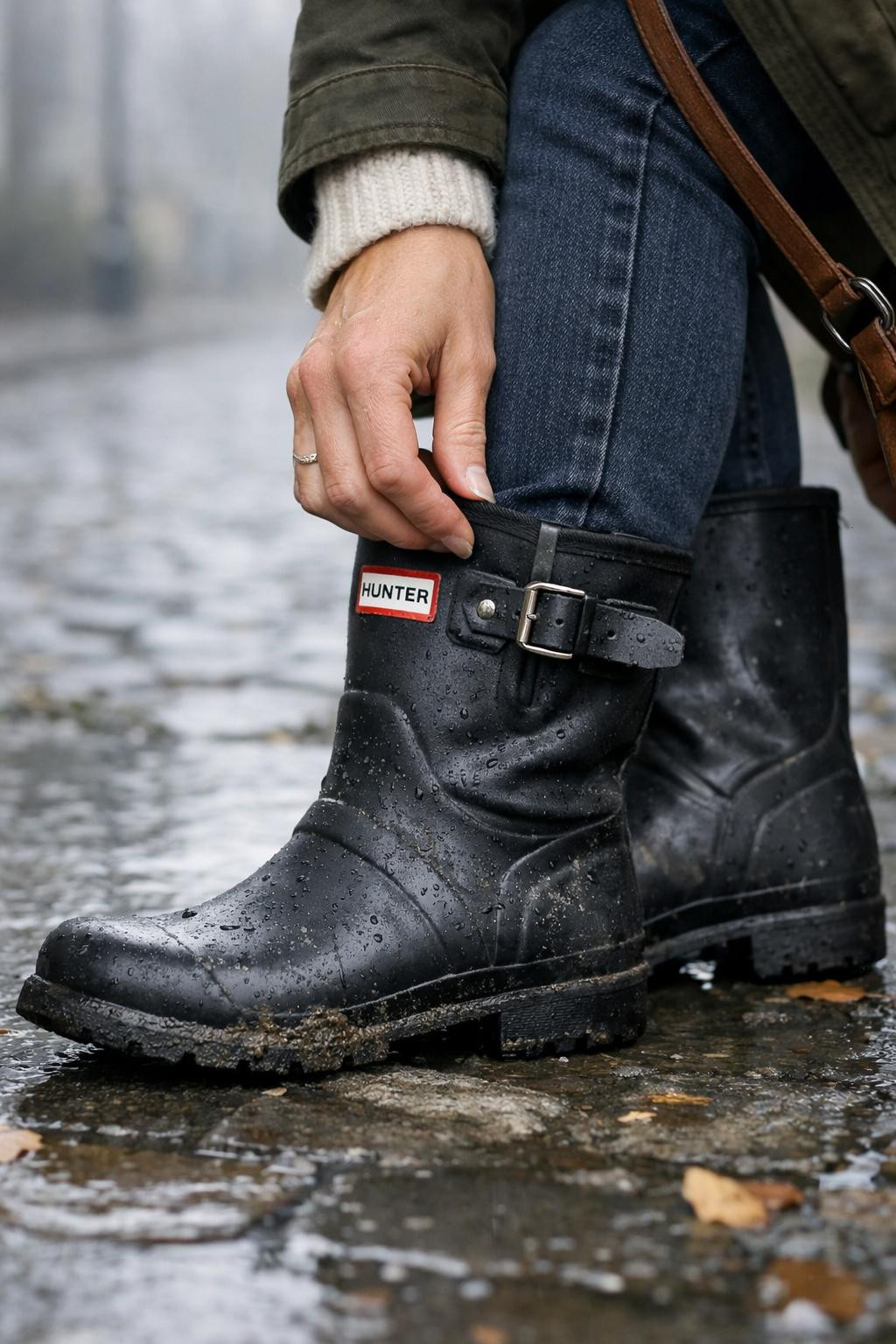 Short hunter boots outfit detail with hand adjusting buckle strap
