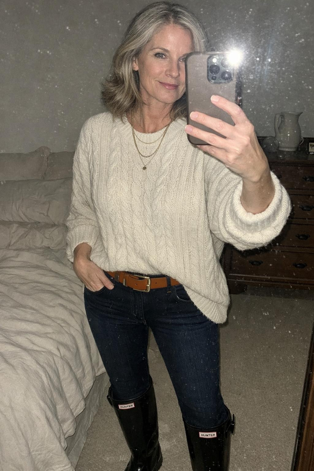 Short hunter boots outfit bedroom mirror selfie with natural lighting