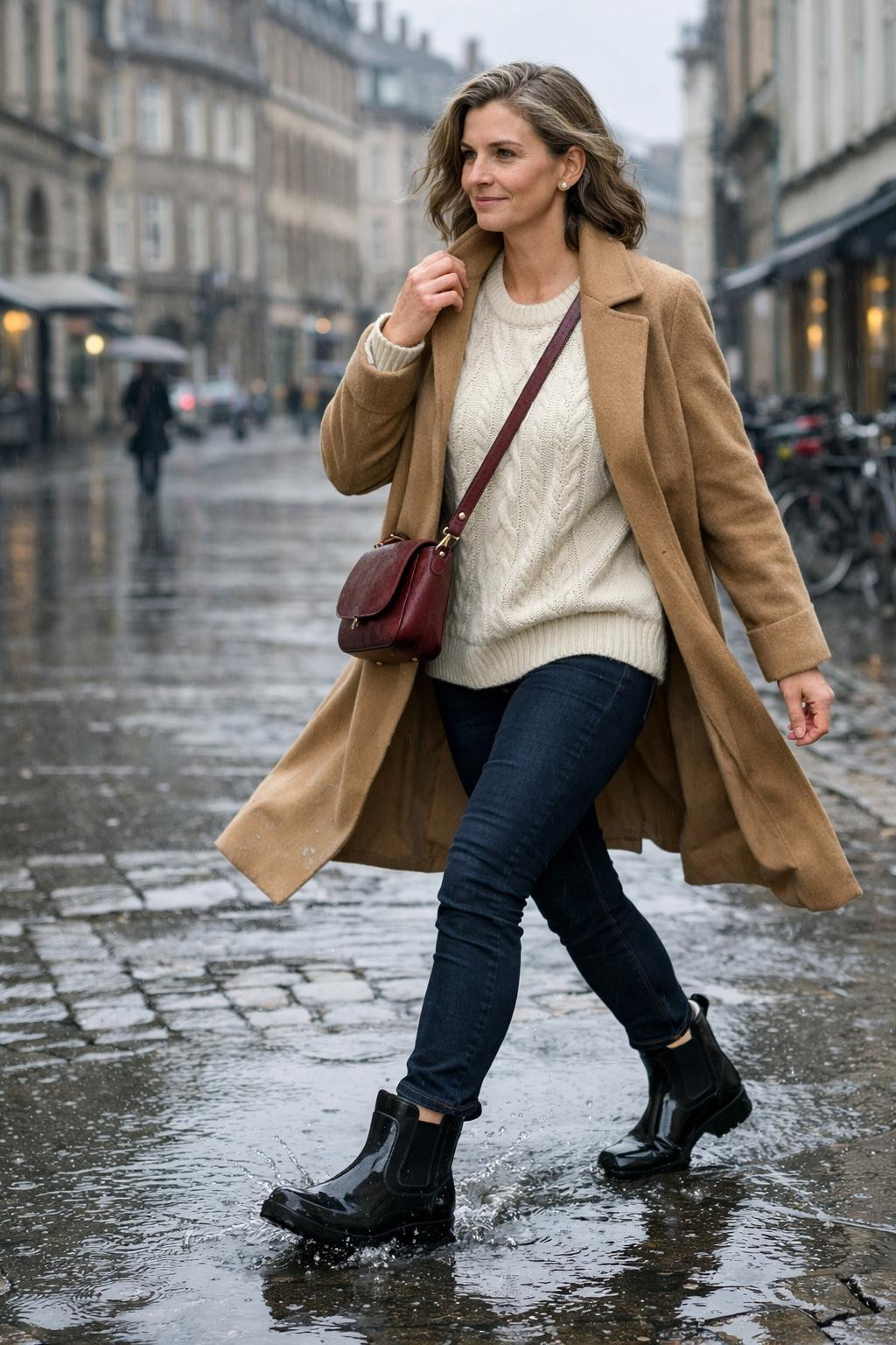 Short hunter boots outfit with flowing coat and autumn setting
