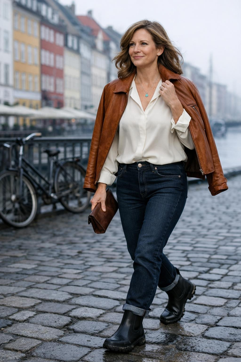Short hunter boots outfit with cognac leather jacket