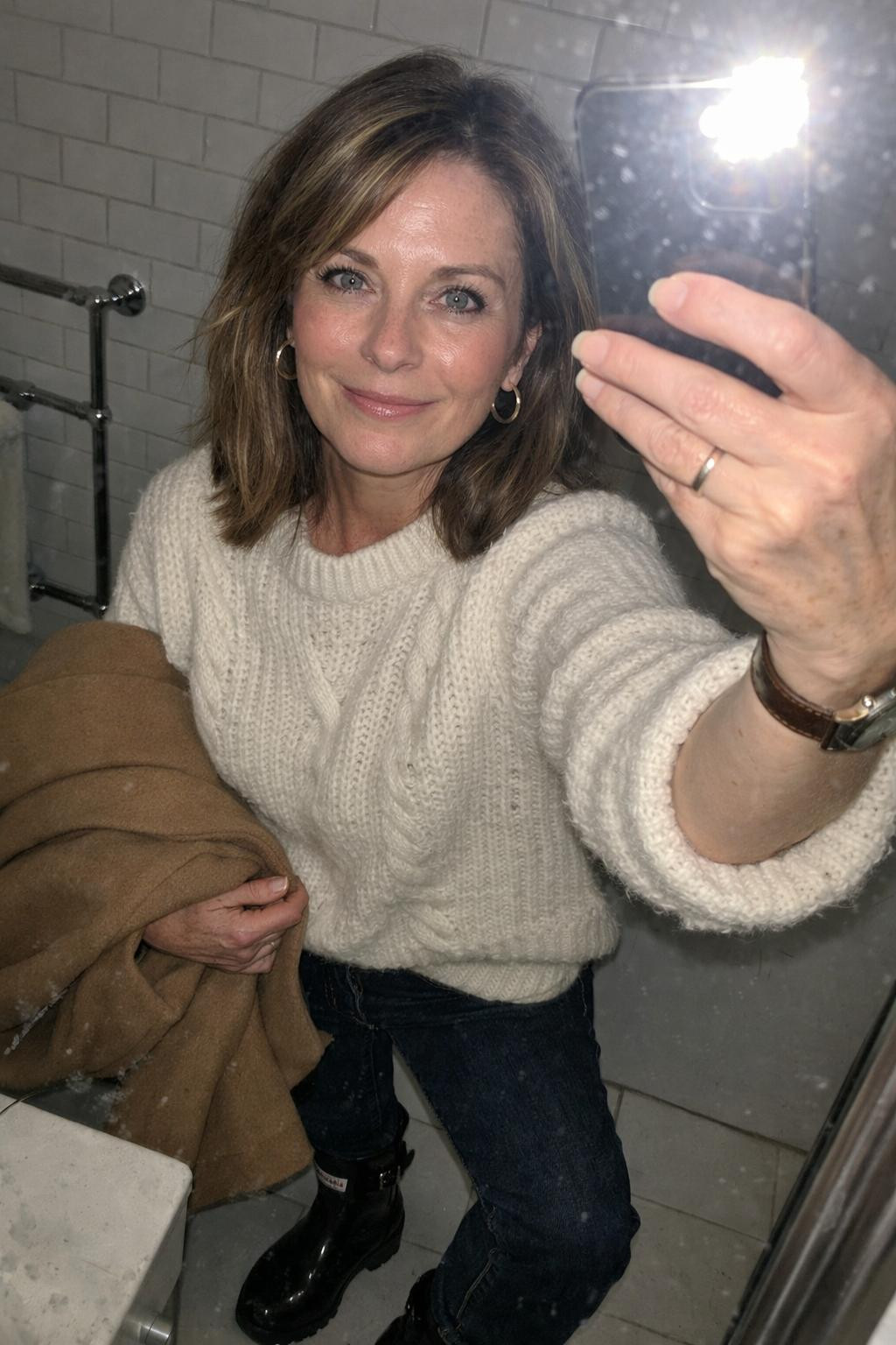 Short hunter boots outfit bathroom selfie with phone flash
