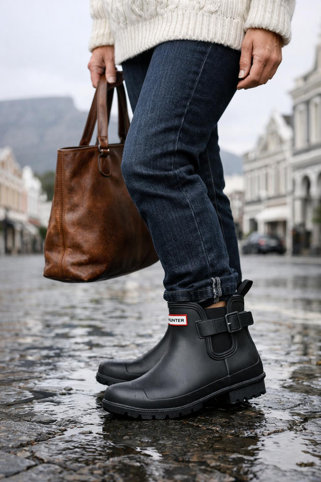 Short hunter boots outfit detail shot showing buckle straps