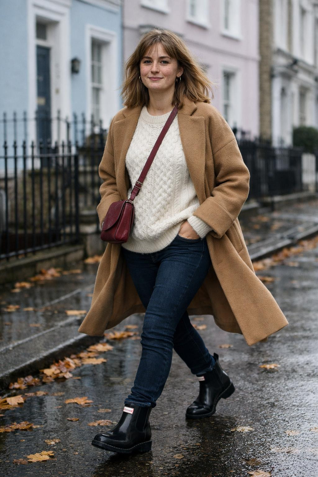 Short hunter boots outfit with oversized sweater and crossbody bag