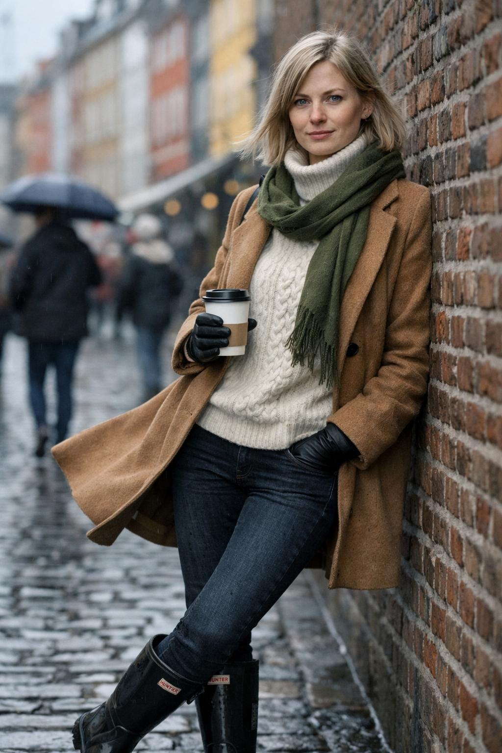 Short hunter boots outfit with glossy finish and turtleneck