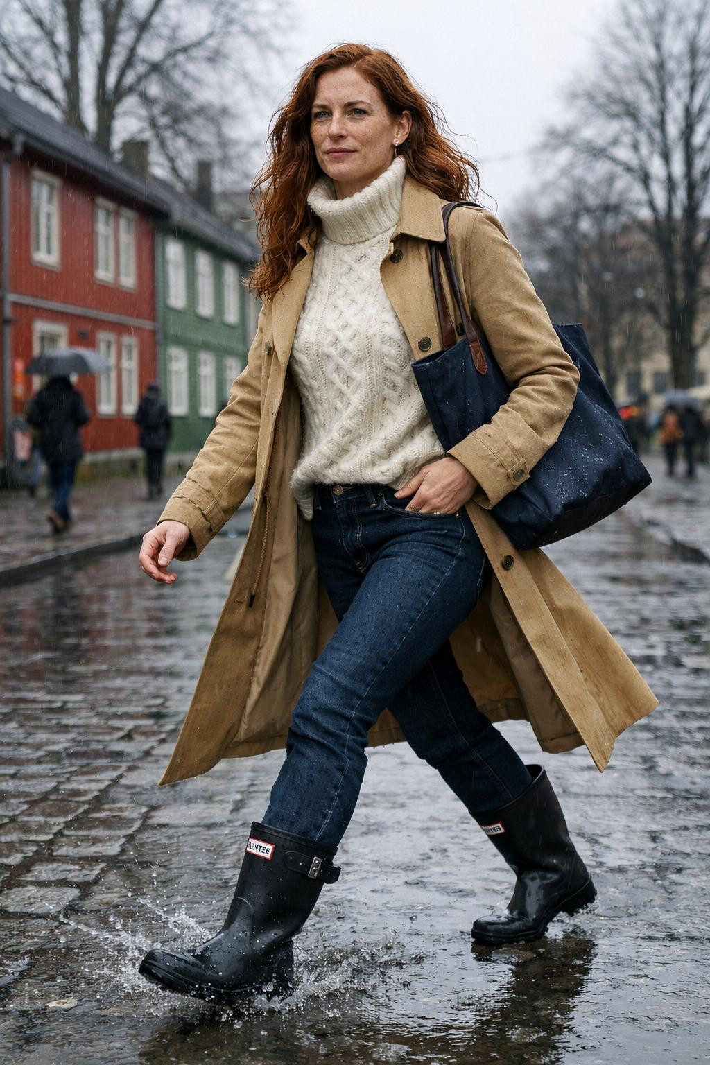Short hunter boots outfit with cable knit sweater and trench coat