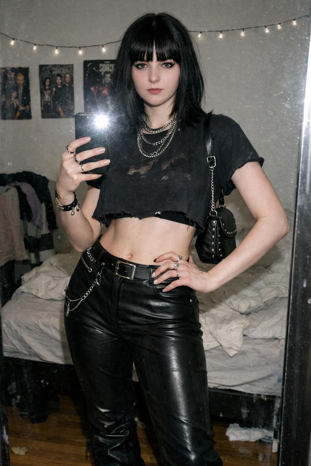 Concert outfit ideas with distressed tee and studded bag
