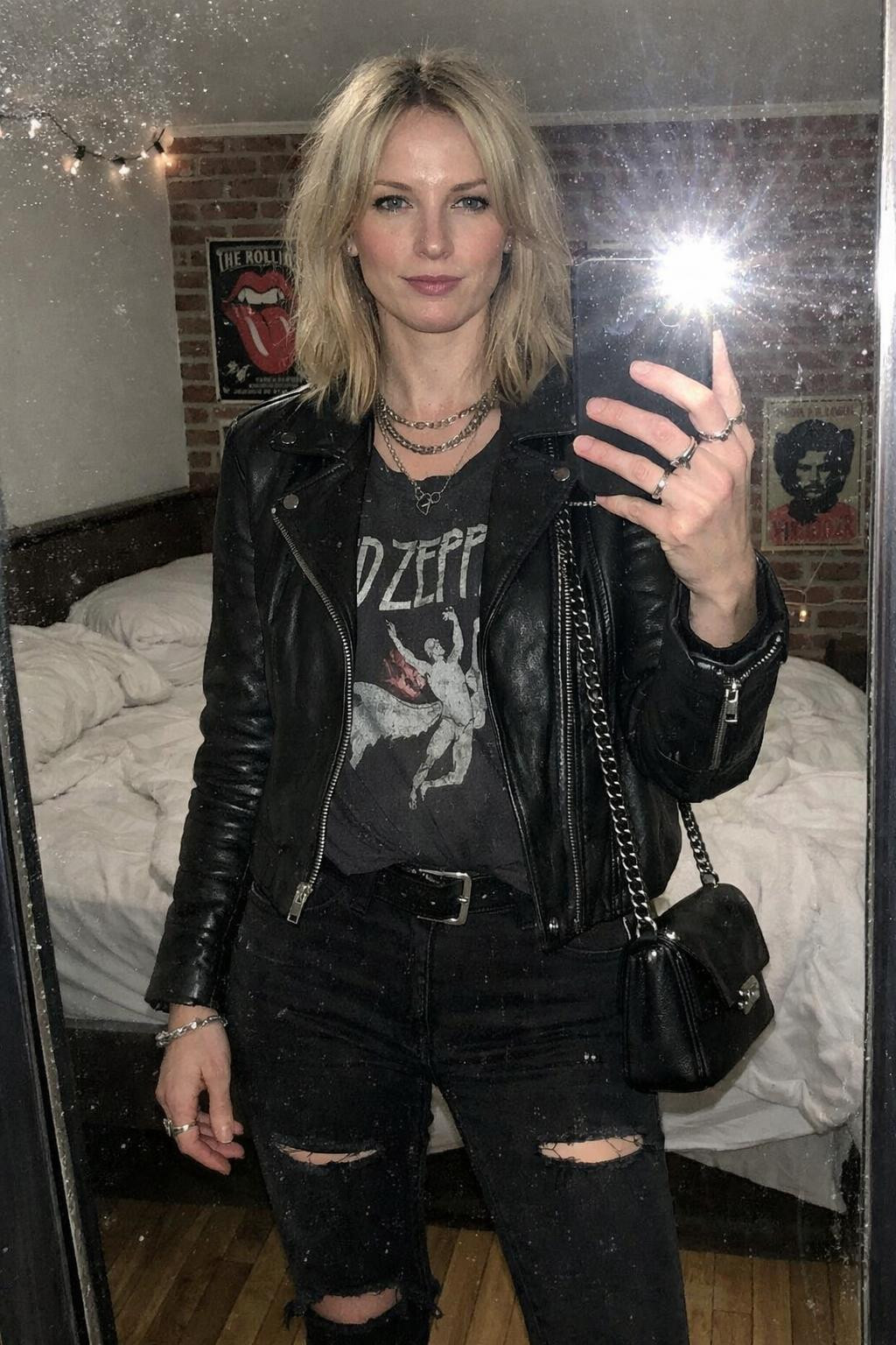 Concert outfit ideas with leather moto jacket