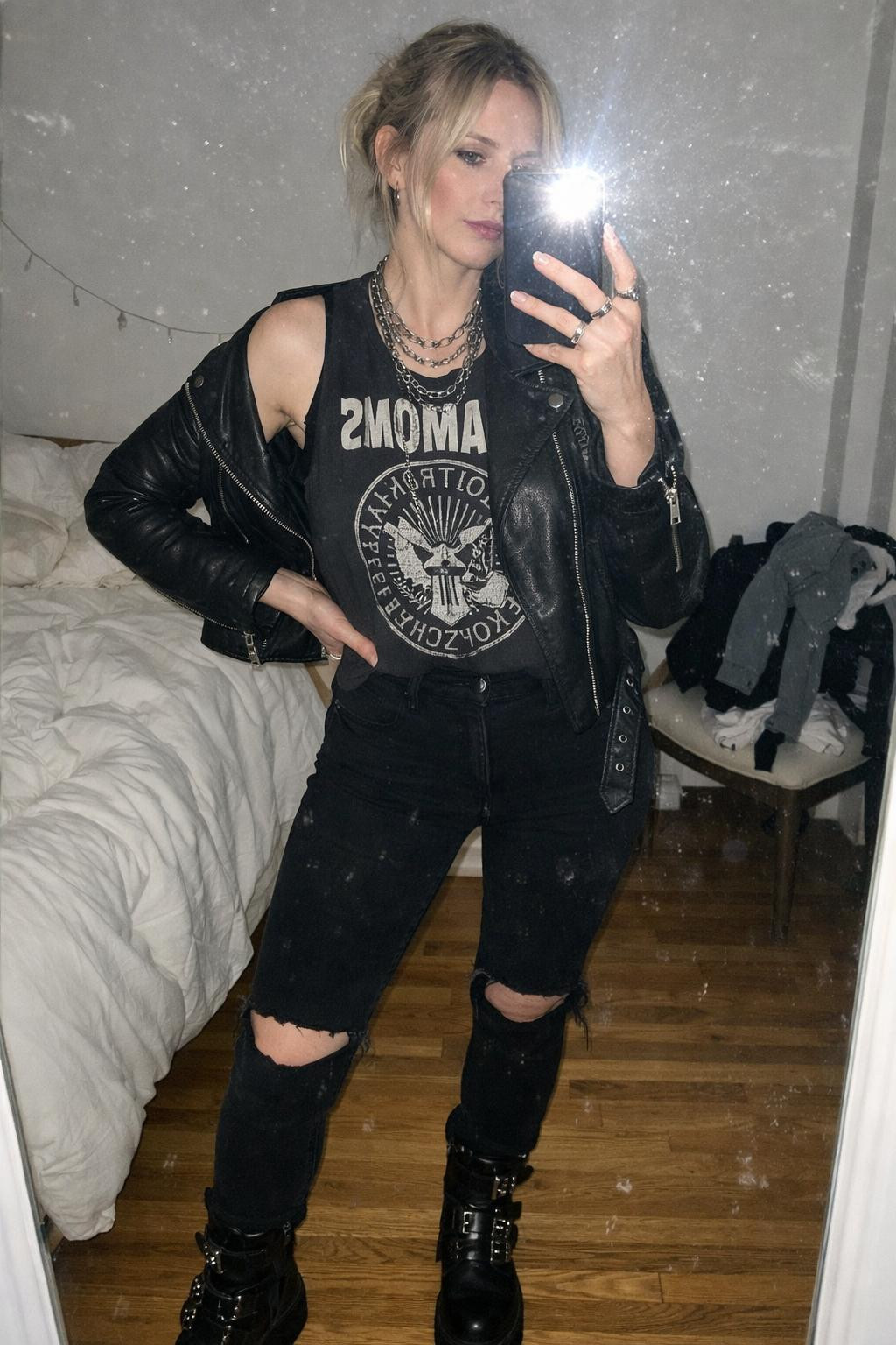 Concert outfit ideas with black leather jacket and band tee