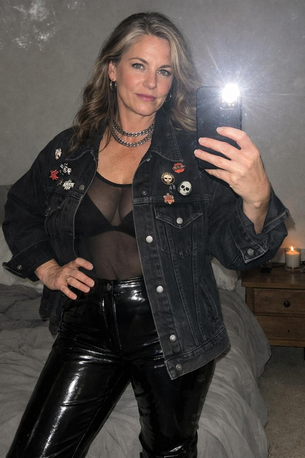 Rock concert outfit with burgundy vinyl and silver hardware